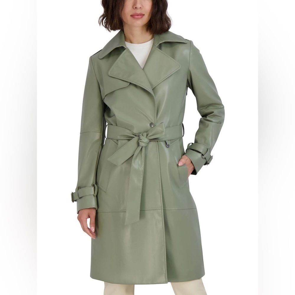 Elie Tahari Sage Green Vegan Leather Belted Trench Coat Large - Picture 5 of 10